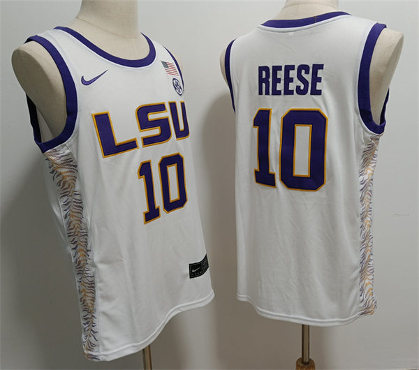 Mens LSU Tigers #10 Angel Reese 2022-23 White Basketball Game Jersey