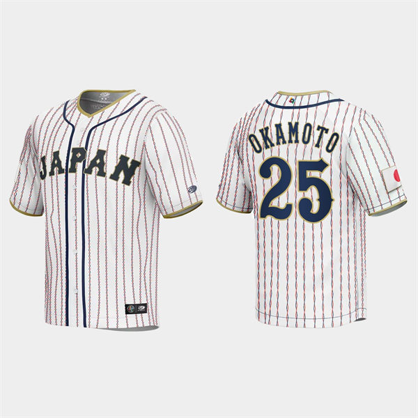 Mens Youth #25 Kazuma Okamoto Japan Baseball 2023 World Baseball Classic Jersey White Pinstripe