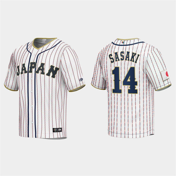 Mens Youth #14 Roki Sasaki Japan Baseball 2023 World Baseball Classic Jersey White Pinstripe