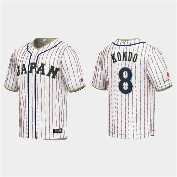 Mens Youth #8 Kensuke Kondo Japan Baseball 2023 World Baseball Classic Jersey White Pinstripe