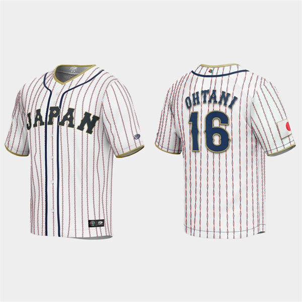 Mens Youth #16 Shohei Ohtani Japan Baseball 2023 World Baseball Classic Replica Jersey White Pinstripe