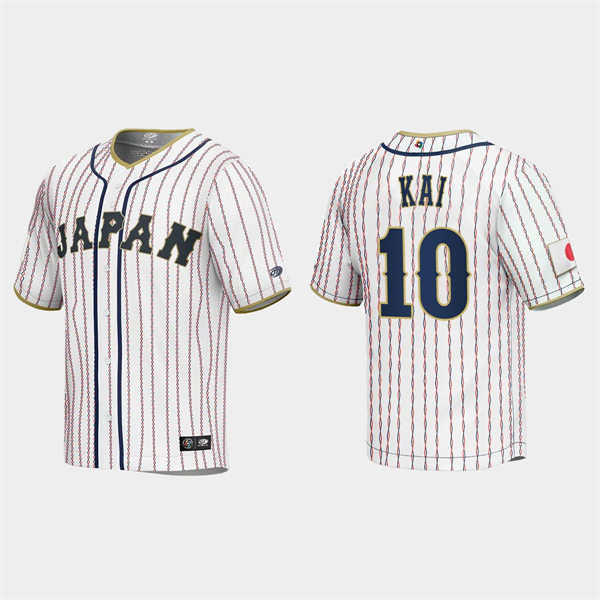 Mens Youth #10 Takuya Kai Japan Baseball 2023 World Baseball Classic Jersey White Pinstripe