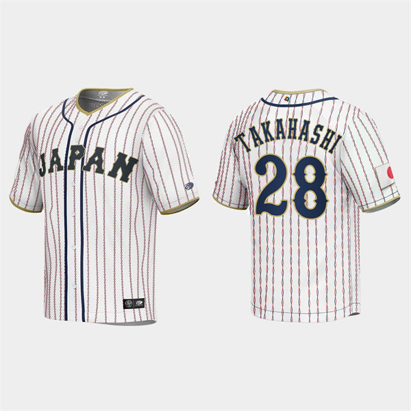 Mens Youth #28 Hiroto Takahashi Japan Baseball 2023 World Baseball Classic Jersey White Pinstripe