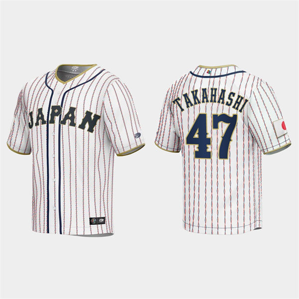 Mens Youth #47 Keiji Takahashi Japan Baseball 2023 World Baseball Classic Jersey White Pinstripe