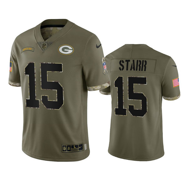 Mens Green Bay Packers #15 Bart Starr Olive 2022 Salute To Service Jersey
