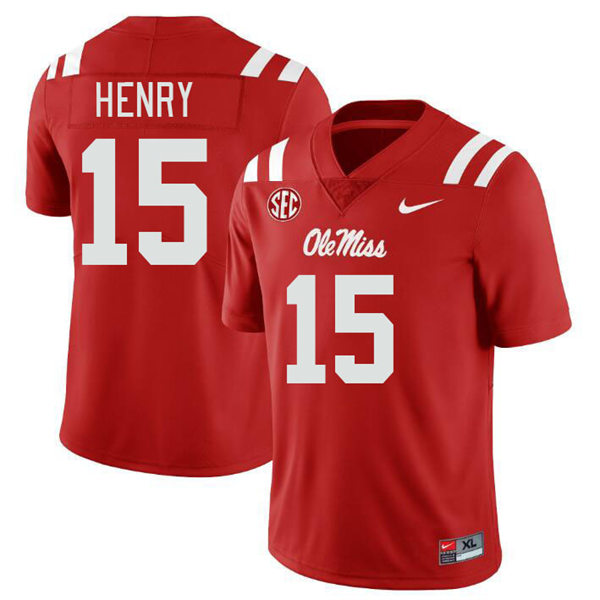 Mens Youth Ole Miss Rebels #15 JJ Henry 2023 Red College Football Game Jersey