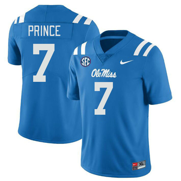 Mens Youth Ole Miss Rebels #7 Deantre Prince 2023 Powder Blue College Football Game Jersey