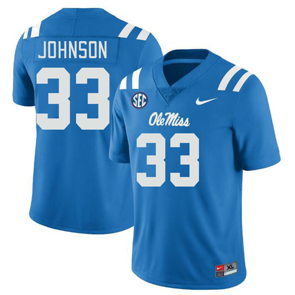 Mens Youth Ole Miss Rebels #33 Antione Johnson 2023 Powder Blue College Football Game Jersey