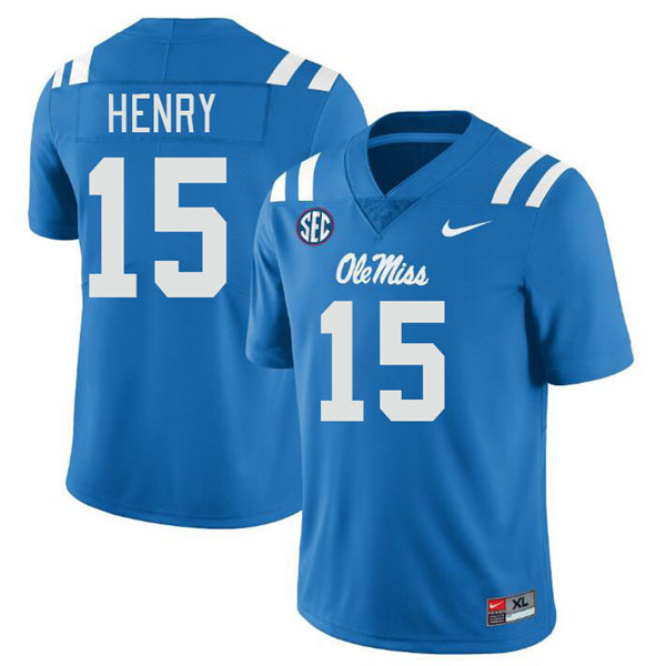 Mens Youth Ole Miss Rebels #15 JJ Henry  2023 Powder Blue College Football Game Jersey