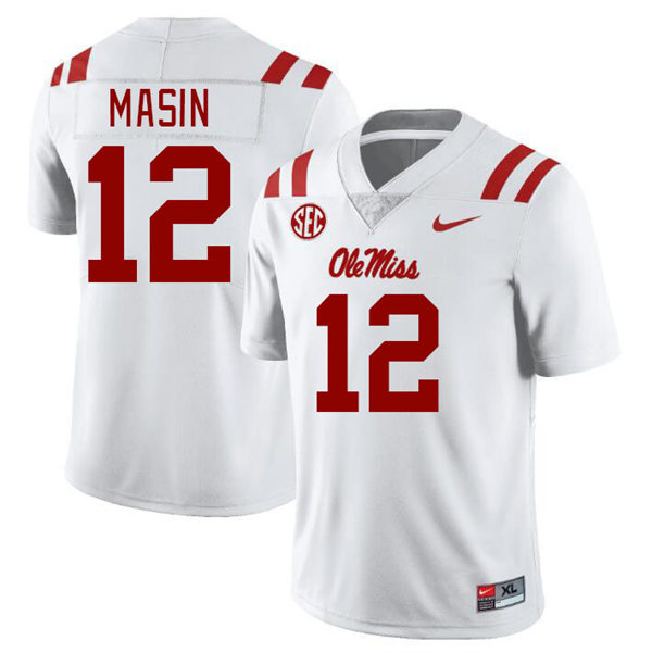 Mens Youth Ole Miss Rebels #12 Fraser Masin 2023 White College Football Game Jersey