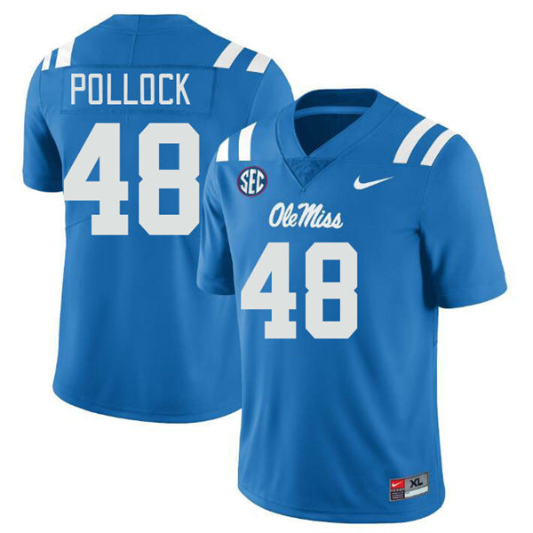 Mens Youth Ole Miss Rebels #48 Charlie Pollock 2023 Powder Blue College Football Game Jersey