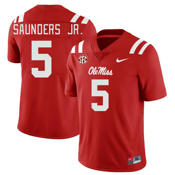 Mens Youth Ole Miss Rebels #5 John Saunders Jr. 2023 Red College Football Game Jersey
