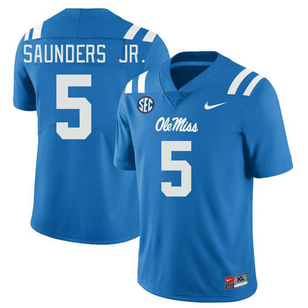 Mens Youth Ole Miss Rebels #5 John Saunders Jr. 2023 Powder Blue College Football Game Jersey