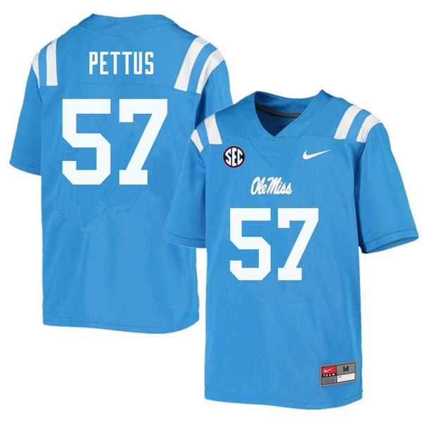 Mens Youth Ole Miss Rebels #57 Micah Pettus 2023 Powder Blue College Football Game Jersey