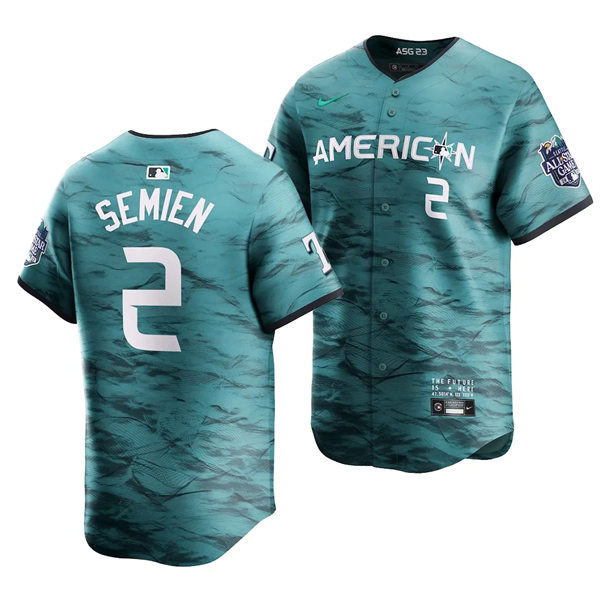 Mens Texas Rangers #2 Marcus Semien American League 2023 MLB All-Star Game Limited Player Jersey Teal 