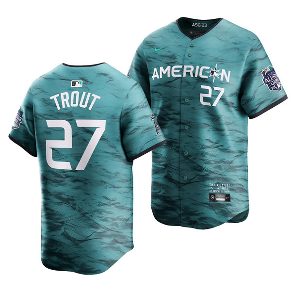 Men's Los Angeles Angels #27 Mike Trout American League 2023 MLB All-Star Game Limited Player Jersey Teal
