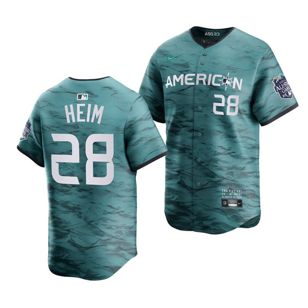Mens Texas Rangers #28 Jonah Heim American League 2023 MLB All-Star Game Limited Player Jersey Teal 
