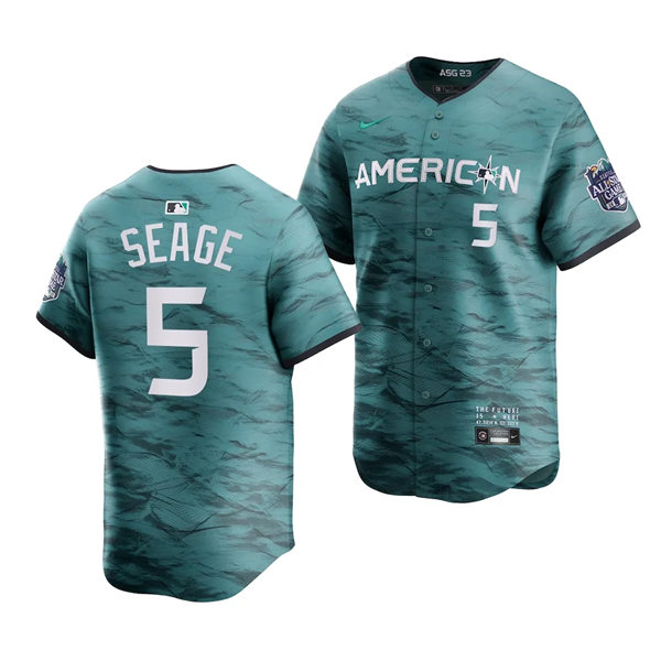 Mens Texas Rangers #5 Corey Seager American League 2023 MLB All-Star Game Limited Player Jersey Teal 