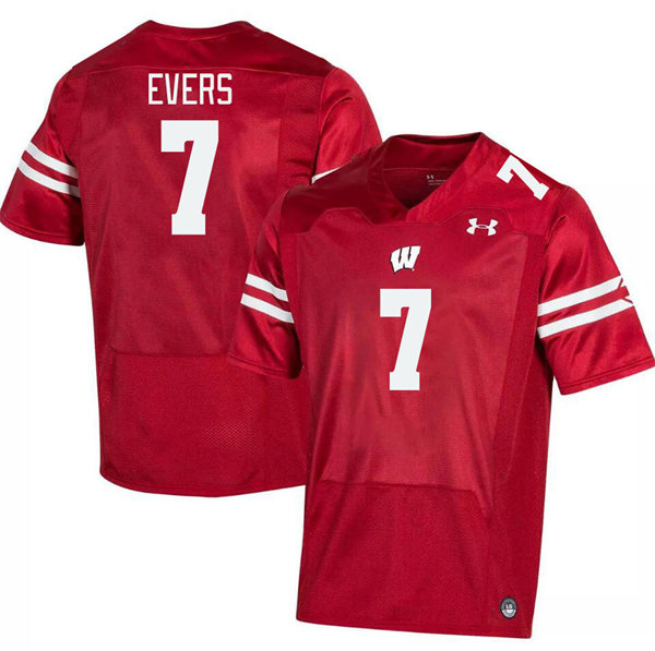 Mens Youth Wisconsin Badgers #7 Nick Evers 2023 Red College Football Game Jersey (2)