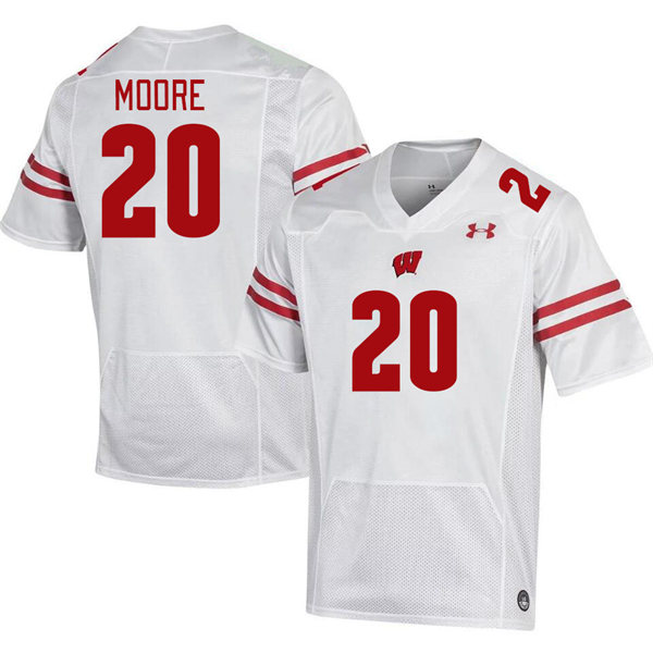 Mens Youth Wisconsin Badgers #20 Braedyn Moore 2023 White College Football Game Jersey