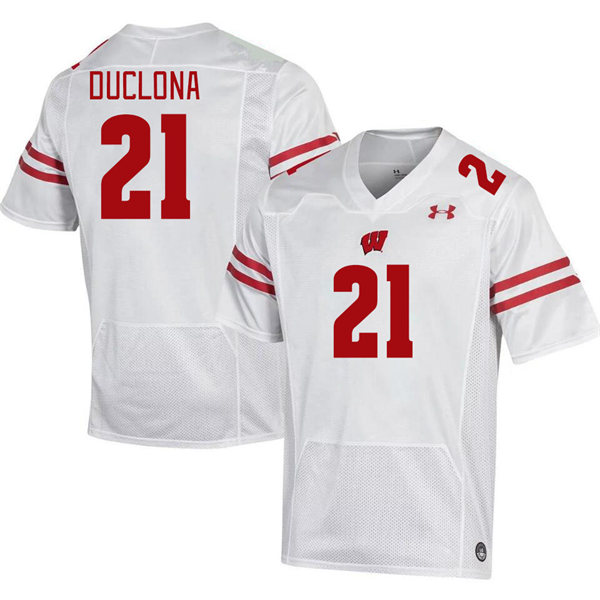 Mens Youth Wisconsin Badgers #21 Jonas Duclona 2023 White College Football Game Jersey