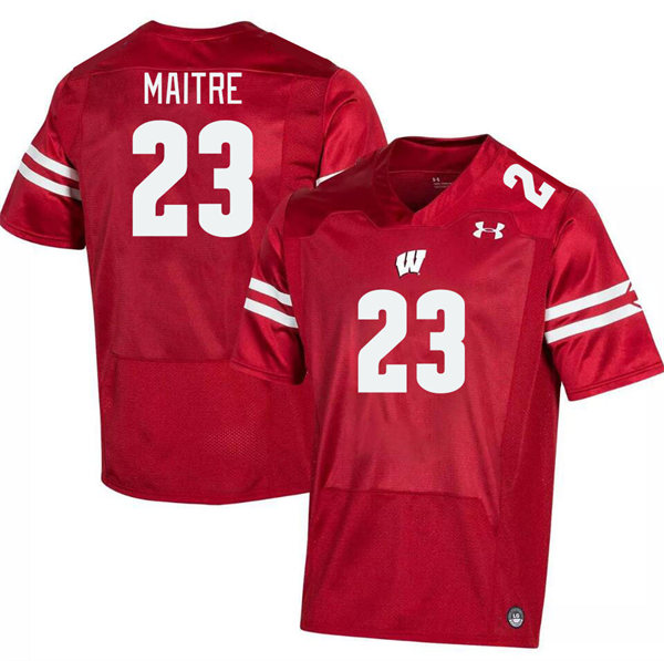 Mens Youth Wisconsin Badgers #23 Jason Maitre 2023 Red College Football Game Jersey (2)