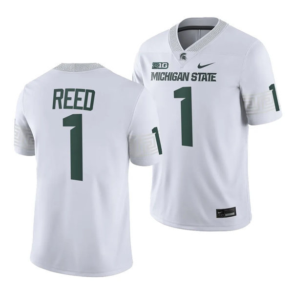 Mens Youth Michigan State Spartans #1 Jayden Reed 2023 White Football Game Jersey