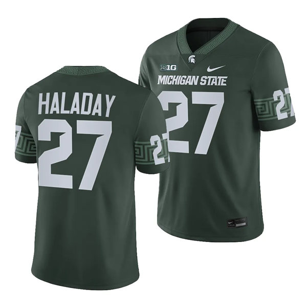 Mens Youth Michigan State Spartans #27 Cal Haladay 2023 Green Football Game Jersey
