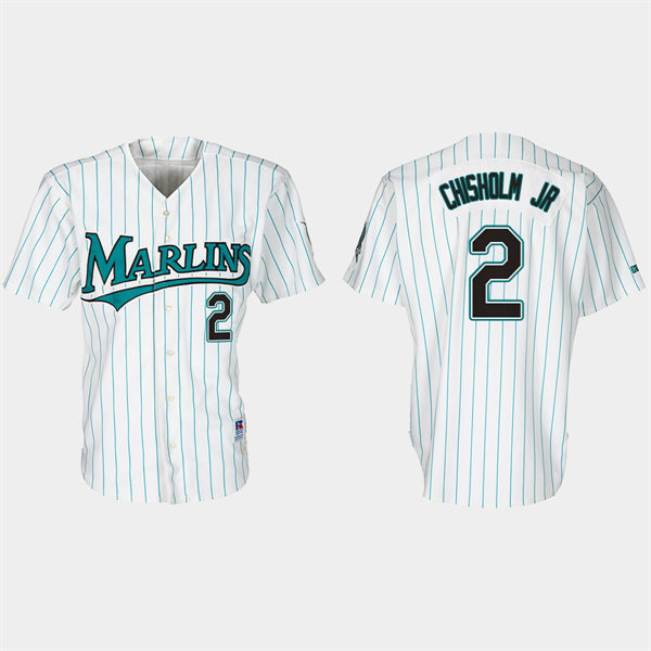 Mens Miami Marlins #2 Jazz Chisholm Jr. Nike White Teal  Pinstripe 30th Anniversary Retro Jersey