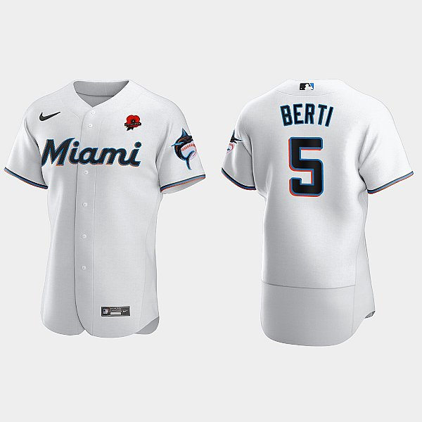 Mens Miami Marlins #5 Jon Berti Nike White Home FlexBase Player Jersey