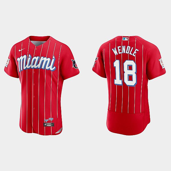Mens Miami Marlins #18 Joey Wendle Nike Red 2021 City Connect Jersey