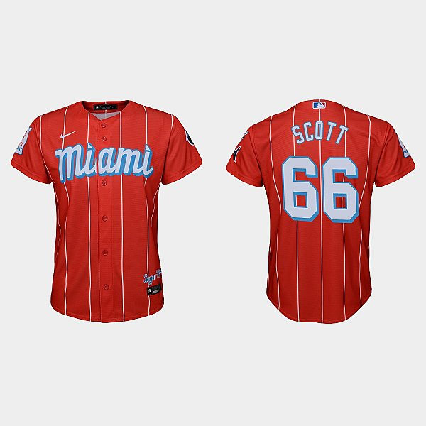 Youth Miami Marlins #66 Tanner Scott Nike Red 2021 City Connect Jersey