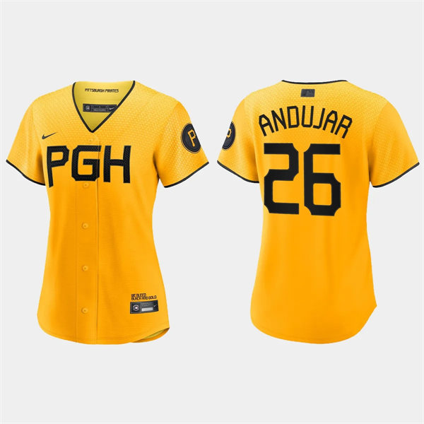 Women Pittsburgh Pirates #26 Miguel Andujar Gold 2023 City Connect Replica Jersey
