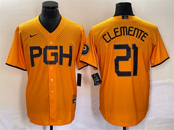 Mens Pittsburgh Pirates Retired Player #21 Roberto Clemente Gold 2023 City Connect Jersey