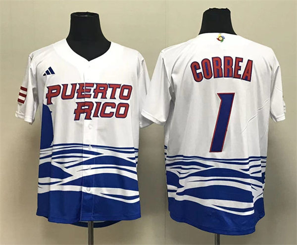 Mens Youth Puerto Rico #1 Carlos Correa White 2023 World Baseball Classic Jersey