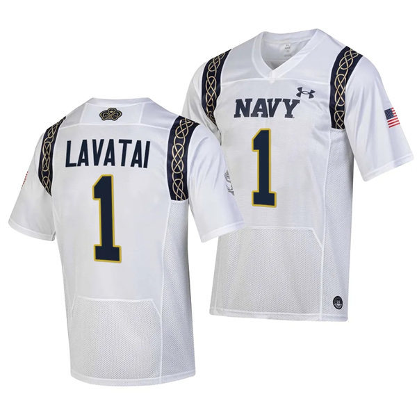 Mens Youth Navy Midshipmen #1 Tai Lavatai 2023 Aer Lingus College Football Classic Jersey - White