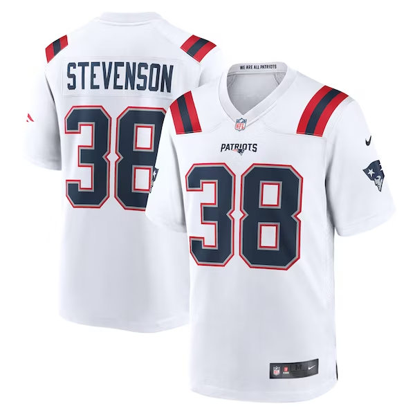 Mens New England Patriots #38 Rhamondre Stevenson Nike White 2023 F.U.S.E. Vapor Limited Jersey