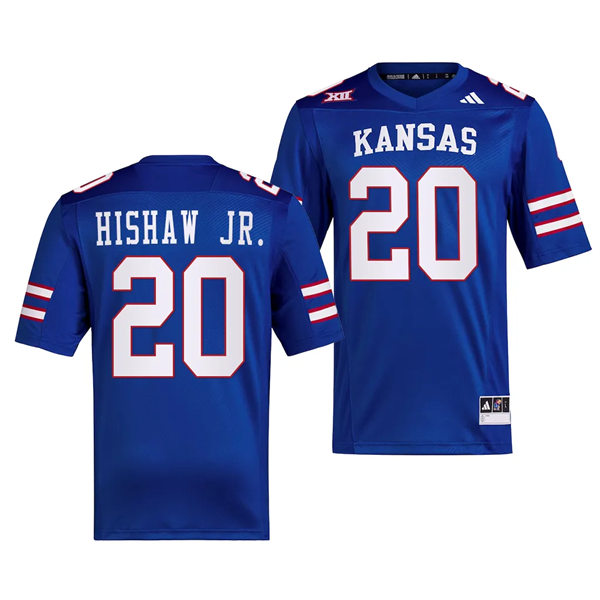 Mens Youth Kansas Jayhawks #20 Daniel Hishaw Jr. 2023 Royal Adidas Football Uniform Jersey