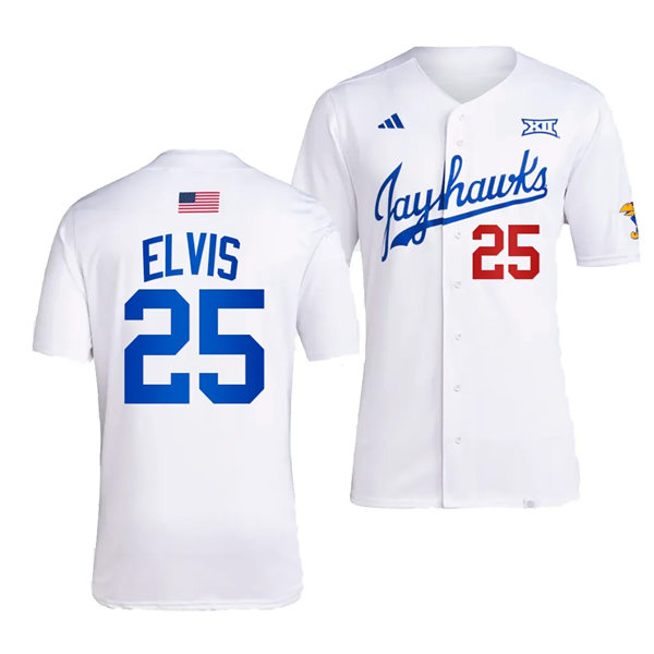 Mens Youth Kansas Jayhawks #25 Cole Elvis Kansas Jayhawks #25 White College Baseball Jersey