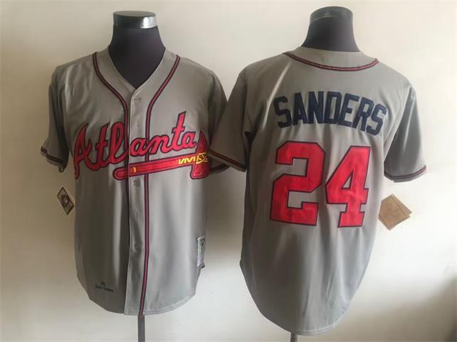 Men's Atlanta Braves Retired Player #24 Deion Sanders Grey Away Cooperstown Throwback Jersey