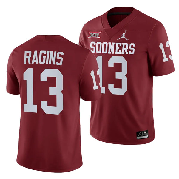 Mens Youth Oklahoma Sooners #13 Zion Ragins 2023 College Football Game Jersey Crimson