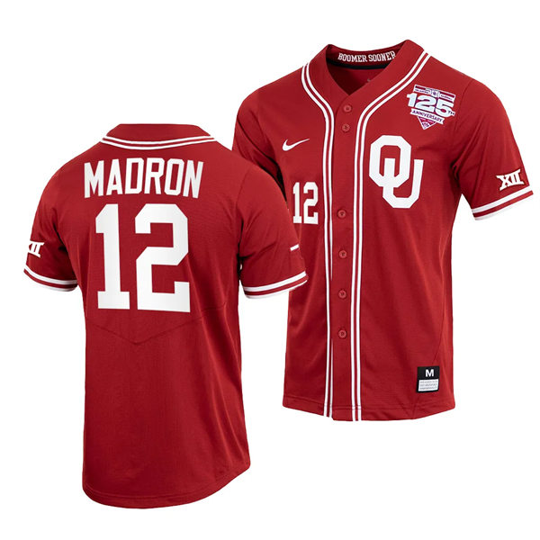 Mens Youth Oklahoma Sooners #12 Bryce Madron Nike Crimson Full-Button 125th Baseball Jersey