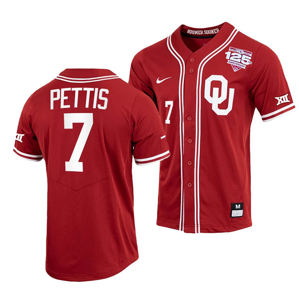 Mens Youth Oklahoma Sooners #7 Kendall Pettis Nike Crimson Full-Button 125th Baseball Jersey