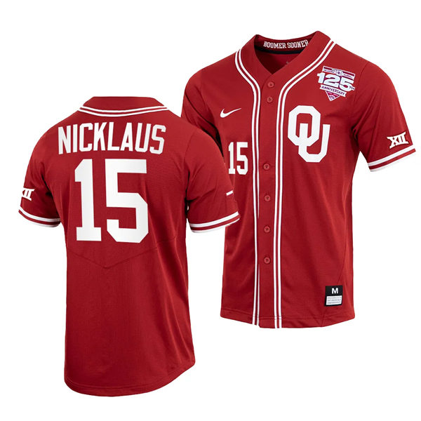 Mens Youth Oklahoma Sooners #15 Jackson Nicklaus Nike Crimson Full-Button 125th Baseball Jersey