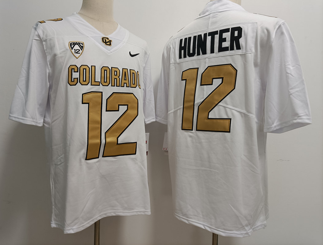 Mens Colorado Buffaloes #12 Travis Hunter 2023 White Gold Football Jersey