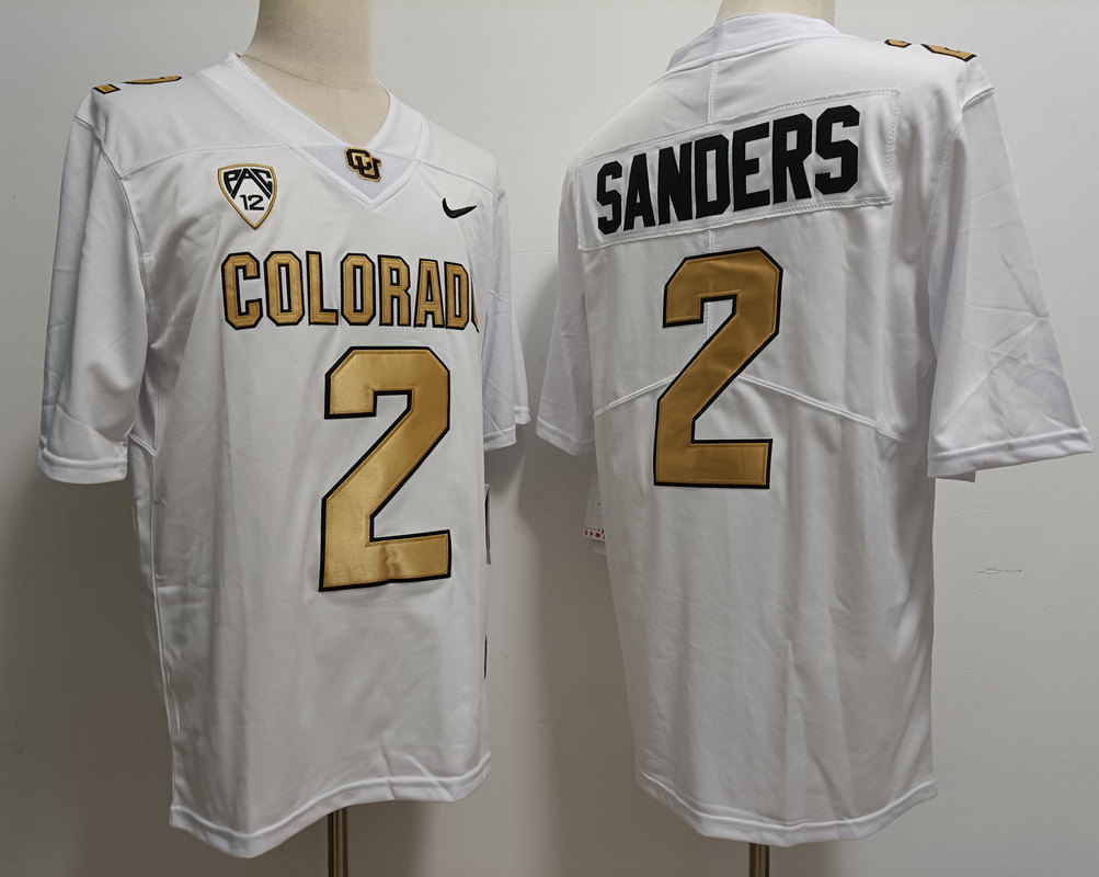 Mens Colorado Buffaloes #2 Shedeur Sanders 2023 White Gold Football Jersey