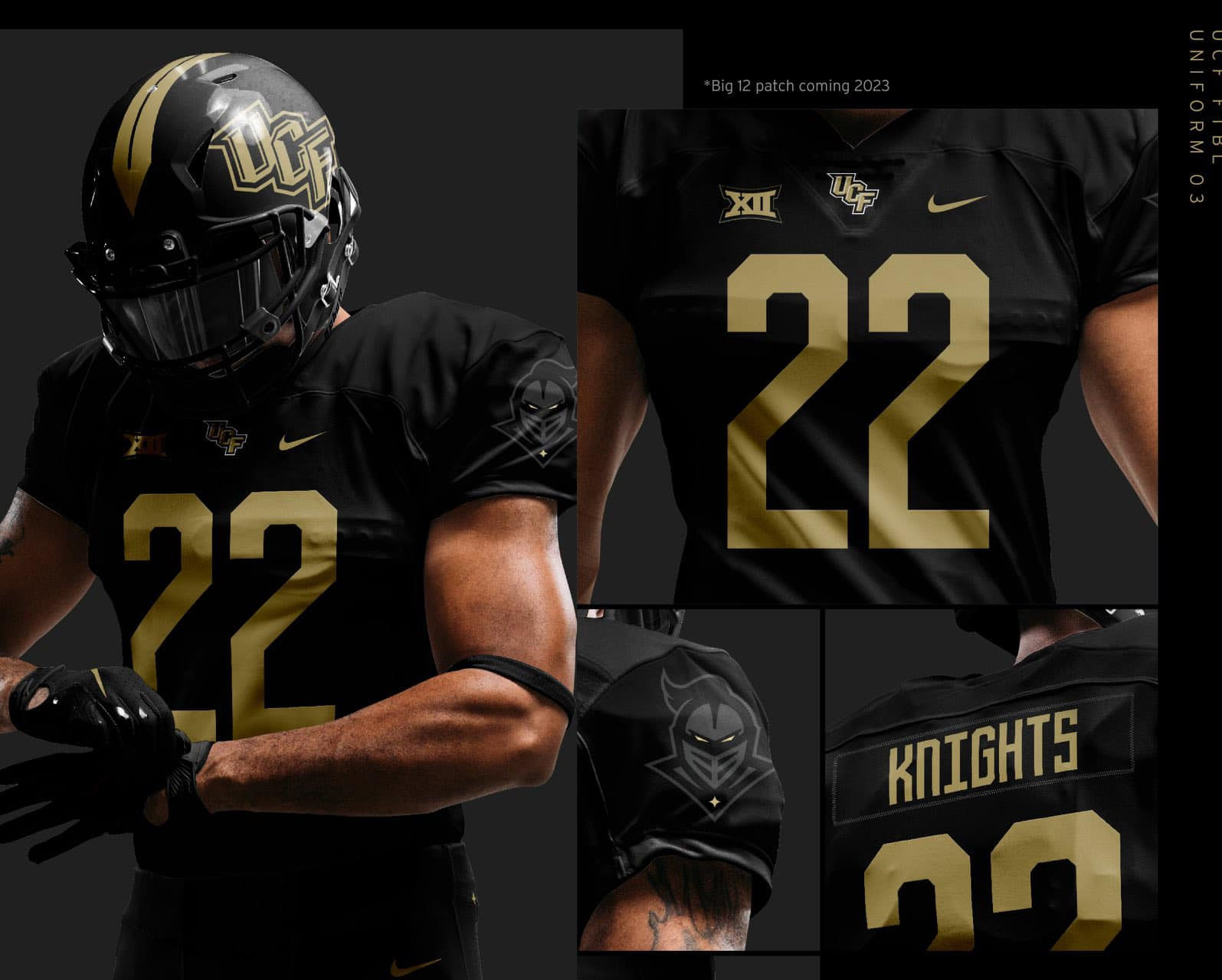 Men's Youth UCF Knights Custom Nike 2023 BIG-12 Black Gold Alternate College Football Game Jersey