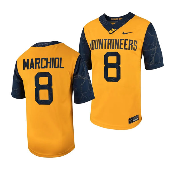 Men's Youth West Virginia Mountaineers #8 Nicco Marchiol 2023 Gold Country Roads Football Game Jersey