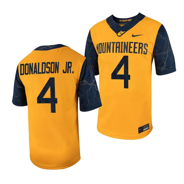 Men's Youth West Virginia Mountaineers #4 CJ Donaldson Jr. 2023 Gold Country Roads Football Game Jersey