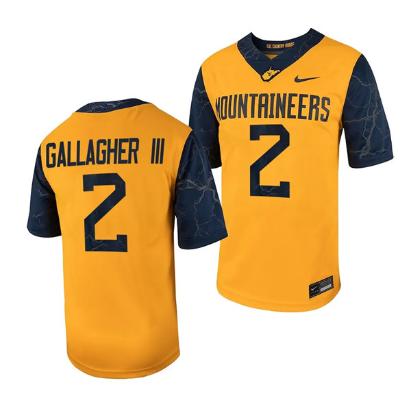 Men's Youth West Virginia Mountaineers #2 Rodney Gallagher III 2023 Gold Country Roads Football Game Jersey